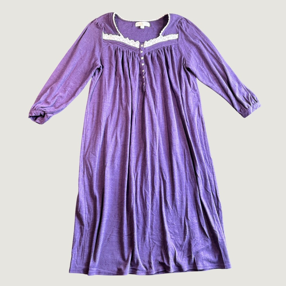 Eileen West Womens Nightgown L Purple Cotton Blend Lace Trim Button Front Sleep